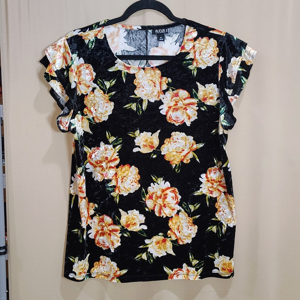 ANA Velour Floral Top Women PL Flutter Sleeve Dark Romantic Whimsigoth Feminine